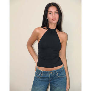Motel Rocks Raceline Halterneck Top in Rayon Jersey Black Size SS